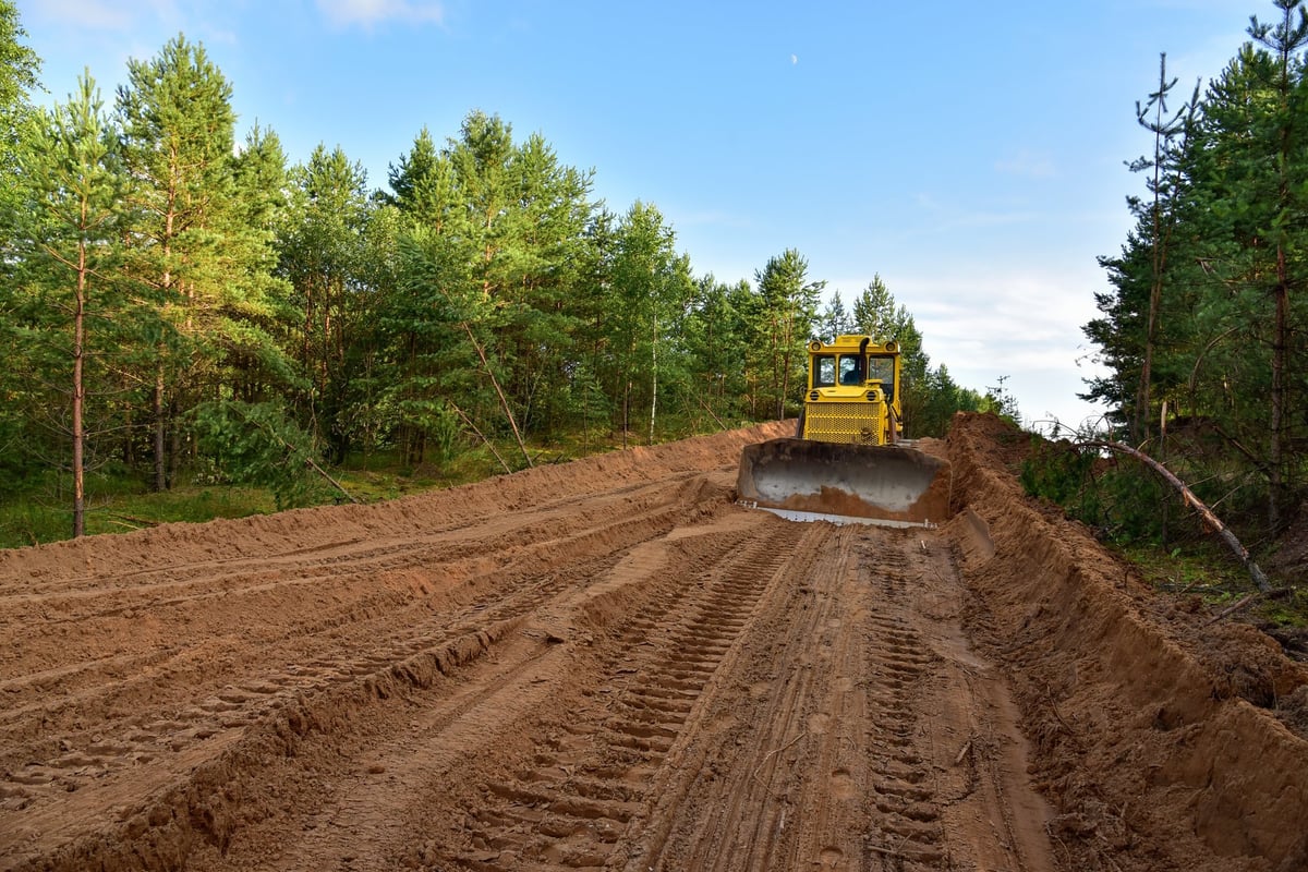 Dozer during clearing forest for construction new road. Yellow Bulldozer at forestry work Earth-moving equipment at road work, land clearing, grading, pool excavation, utility trenching