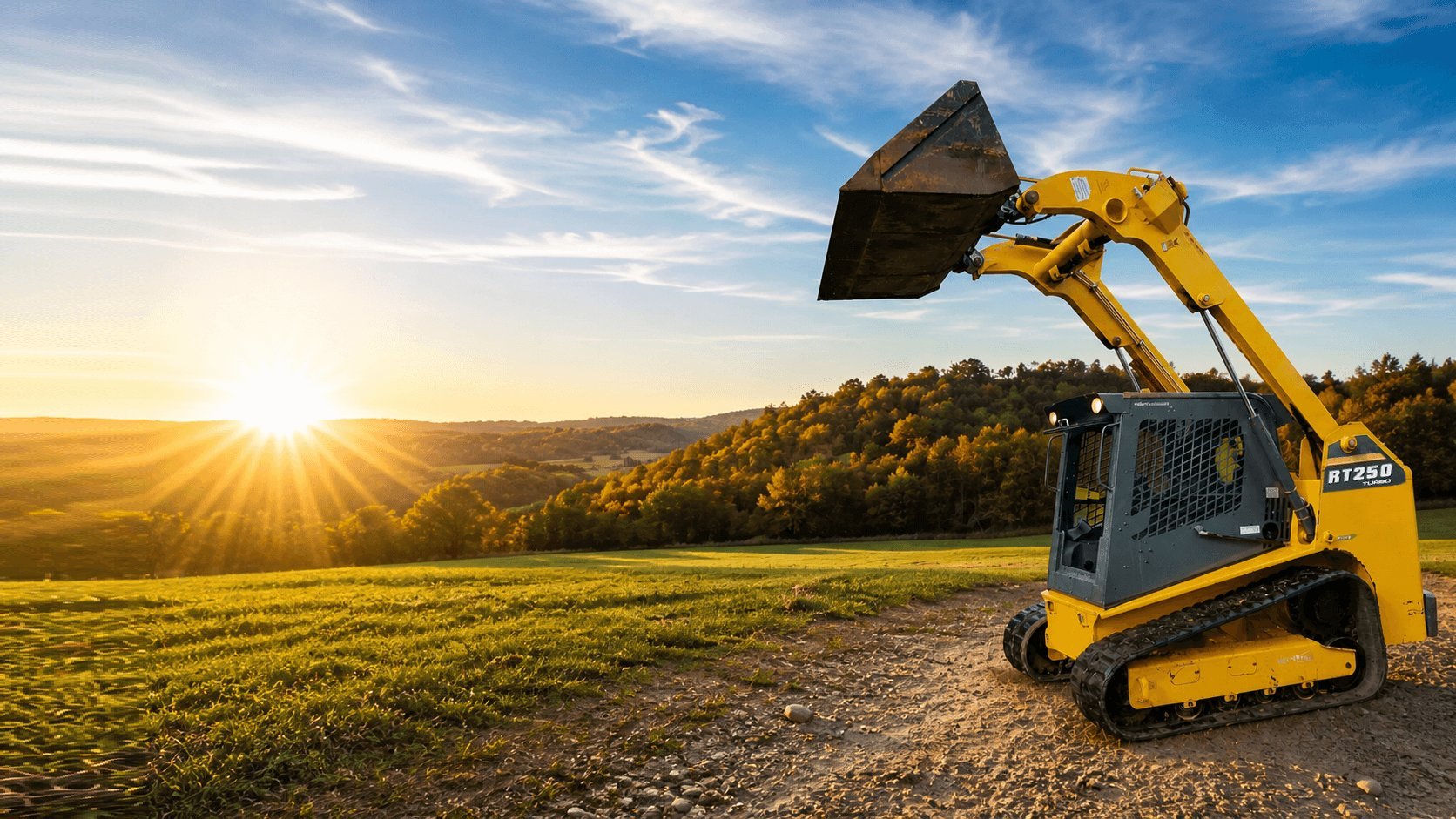 Yellow skid steer loader with raised bucket on rural countryside at sunset with forested hills