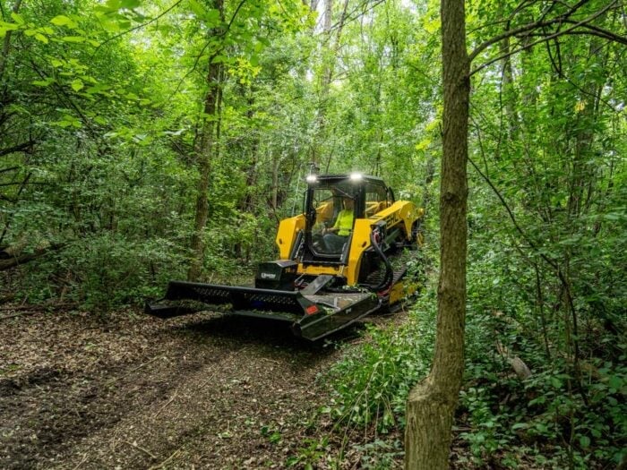 Yellow compact tracked excavator clearing forest path surrounded by tall trees
