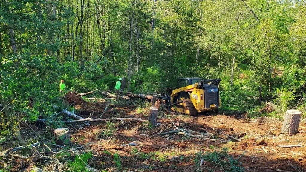 Yellow bulldozer clearing land in a forest with logs and debris scattered on the ground