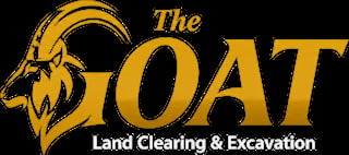 The Goat Land Clearing and Excavation company logo with gold goat head icon and text on black background